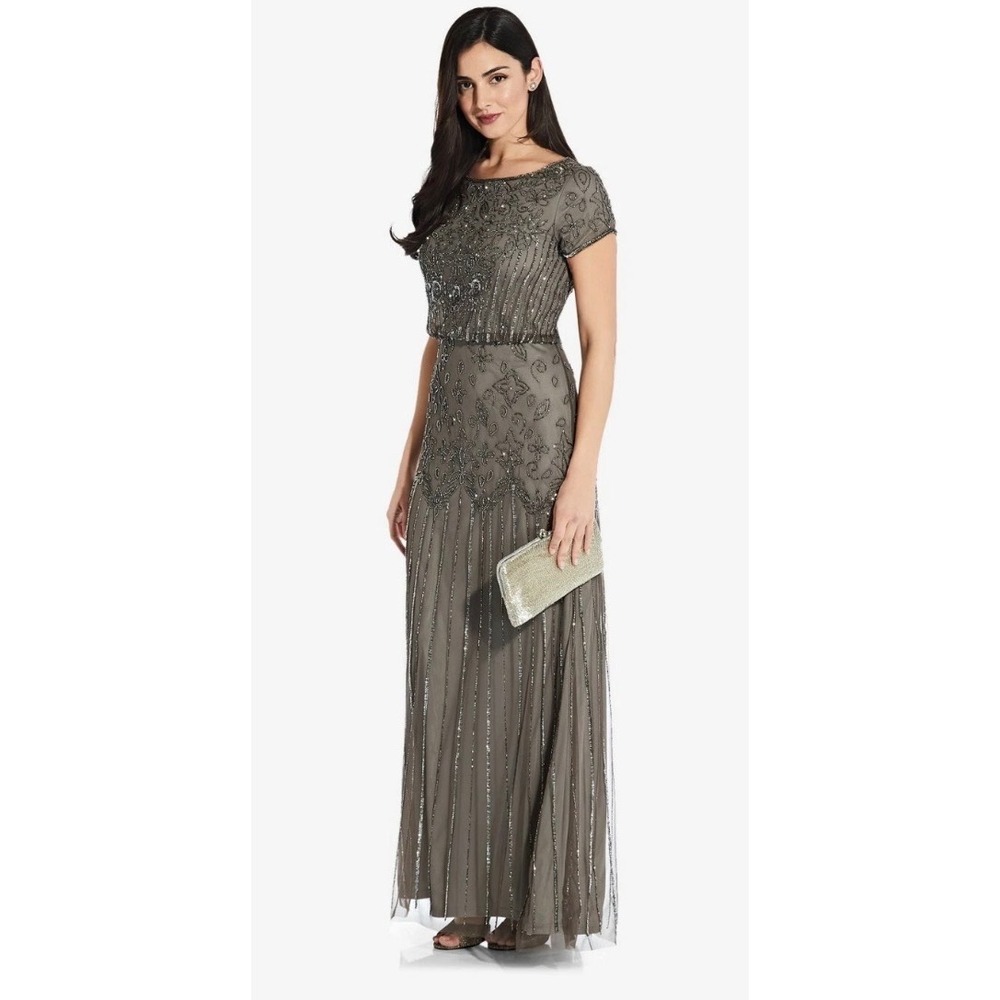 Adrianna Papell Women 18W Beaded Sequin Mesh Gown Grey Formal Maxi Dress FLAW